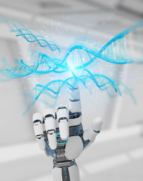 White cyborg hand scanning human DNA 3D rendering