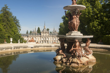 Palace of La Granja de San Ildefonso, Segovia. Spain. Gardens and fountains with light at dawn
