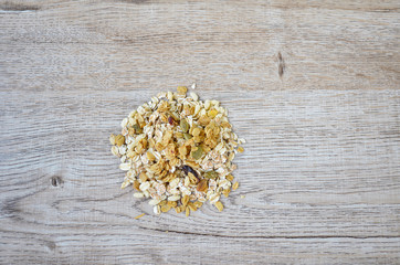 top view muesli on wooden background, granola healthy meal, food diet concept
