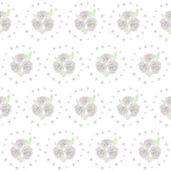Violet roses and stars seamless vector background - pattern for continuous replicate in soft colors.