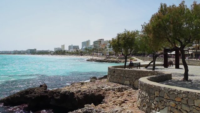 Spain Mallorca beach coastline of Cala Millor, Mediterranean Sea Spain, Balearic Islands