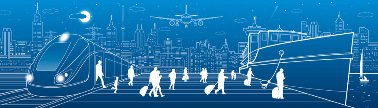 Transportat panorama. Passengers go to ship from train. People walking. Travel transportation. Town scene. Night city at background. Airplane fly. Vector design art
