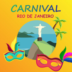 Orange Rio carnival background with festive masks.