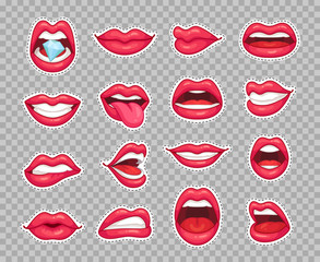 Candy lips patches. Vintage 80s fashion stickers with girl showing tongue and bitten lip with red lipstick. Sticker patch isolated vector set