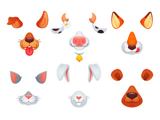 Animal masks. Video chat dog, cat, fox, bear, bunny and cow mask. Phone photo face filter with animals ears and nose vector set