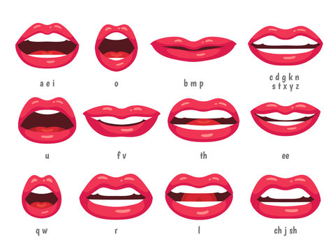 Mouth animation. Lip sync animated phonemes for cartoon woman character. Mouths with red lips speaking animations vector set