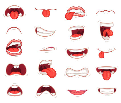 Funny mouths. Facial expressions, cartoon lips and tongues. Hand drawing laughing show tongue, happy and sad mouth poses vector set