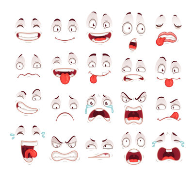 Cartoon faces. Happy excited smile laughing unhappy sad cry and scared face expressions. Expressive caricatures vector set