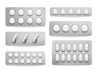 Blister packs white paracetamol pills, aspirin capsules, antibiotics or painkiller drugs. Prescription medicine packing vector set