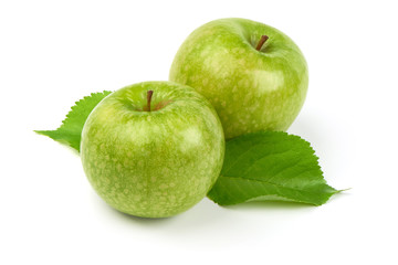 Green apples granny smith with leafs, isolated on white background.