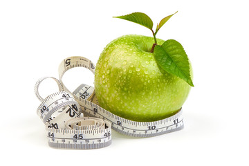 Green apple granny smith with leaf and water drops, isolated on white background.