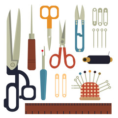 Collection sets of Sewing equipment, dressmaking and needlework accessories . Icons set with needle, tape measure, zippe, scissors, buttons, needles, threads, awl, hooks. Fashion industry clothing.