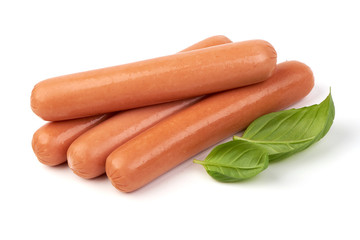 Fresh boiled sausages with basil, isolated on white background.