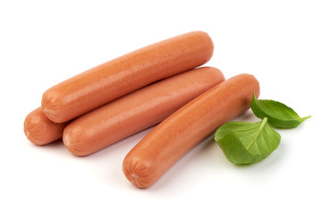 Fresh boiled sausages with basil, isolated on white background.