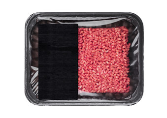 Plastic tray with frew raw beef pork lamb mince