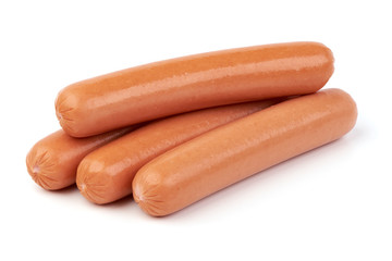 Fresh boiled sausages, isolated on white background.
