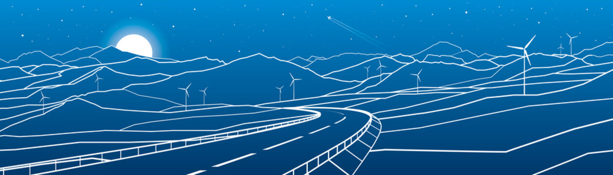 Highway in the mountains. Sunset behind the rocks. Night scene. White lines on blue background. Windmills power. Vector design art