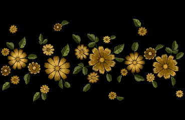 Embroidery summer flower fashion seamless border. Realistic texture design template. Floral ornate daisy gerbera clothing print decoration vector illustration