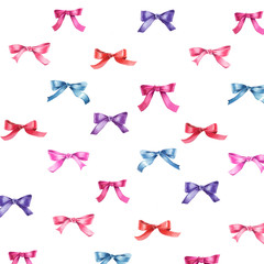 Colorful bow pattern. Watercolor hand painted seamless pattern with bright bows. Can be usd as print, wrapping paper, digital paper, seamless pattern, fabric, textile, romantic background.