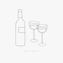 Wine bottle and pair of wine glasses vector line illustration