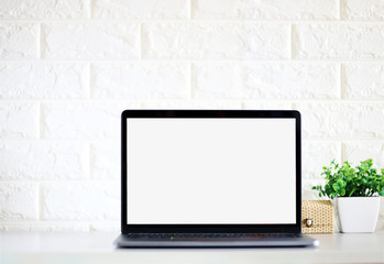 Working with Laptop computer and plant copy space on White brick wall background,business Concept