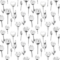 Seamless pattern with tulips, vintage, grunge background. Perfect for print on fabric, wrapping paper etc.