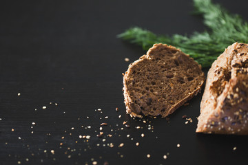 Loaf of multi-grain bread, cut into sandwiches. 