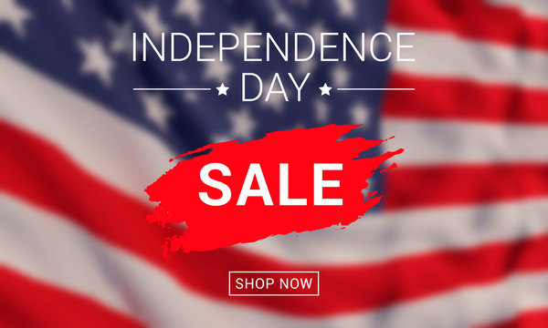 4th of July independence day sale. Vector banner design template with text on blurred waving american flag background.