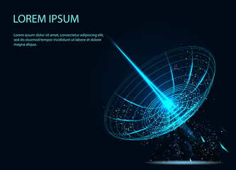 Astronomy. A large satellite dish transmits and receives a signal from space. Abstract image of a starry sky or space, consisting of points in the form of  stars and the universe. Low poly vector