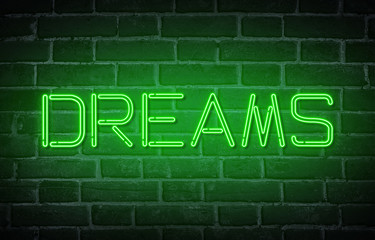 Word Dreams written with neon letters at brick wall background
