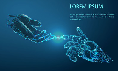 Robot arm and hand human, touch. Abstract image of a starry sky or space, consisting of points, lines, and shapes in the form of planets, stars and the universe. Low poly vector
