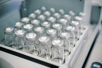 Glass vials for liquid samples.
