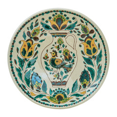 Covered with glaze ceramic plate handmade. Isolated on a white background