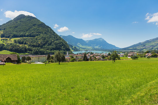A summertime view in the village of Seewen in the Swiss canton of Schwyz, Mt. Rigi in the background