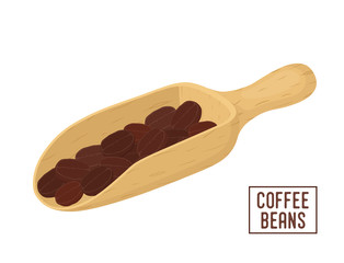 Vector wooden scoop with coffee grains. Shovel