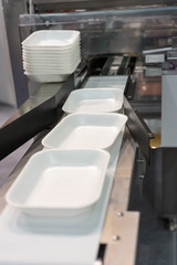 Naklejka na ściany i meble Plastic food trays on the conveyor of the packaging machine.