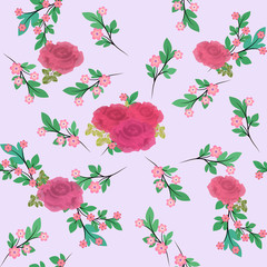 French model of textile drawing millefler. Scattering of small branches with pink flowers and pink roses on a light blue background