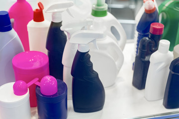 Collection of various sanitary hygiene bottles.