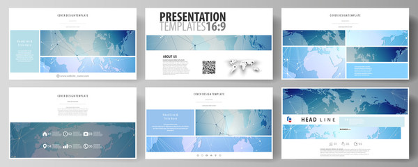 The minimalistic abstract vector illustration of the editable layout of high definition presentation slides design business templates. World map on blue, geometric technology design, polygonal texture