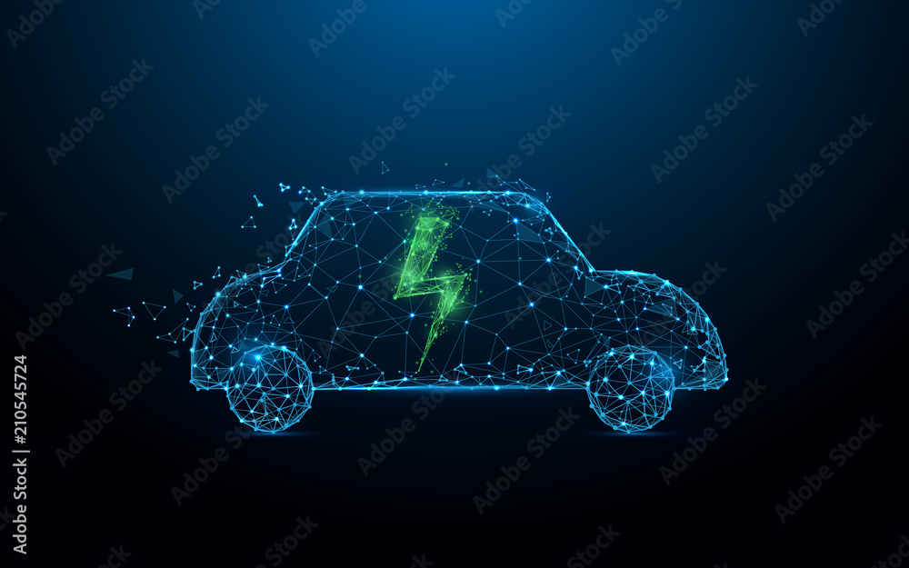 Poster electric car icon form lines, triangles and particle style design. illustration vector