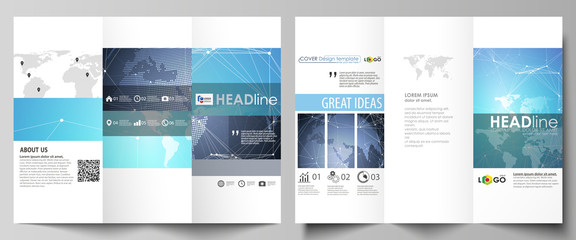 The minimalistic abstract vector illustration of the editable layout of two creative tri-fold brochure covers design business templates. Abstract global design. Chemistry pattern, molecule structure.