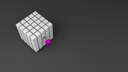 Big white cube builded out of several white boxes and one pink box as 3d rendering