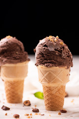 hazelnut choccolate ice cream on wafle cone