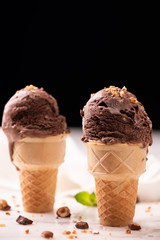 hazelnut choccolate ice cream on wafle cone