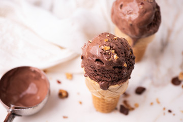 hazelnut choccolate ice cream on wafle cone