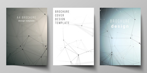 The vector layout of A4 format cover mockups design templates for brochure, flyer, report. Technology, science, medical concept. Molecule structure, connecting lines and dots. Futuristic background