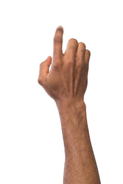 Black male hand touching invisible screen, isolated