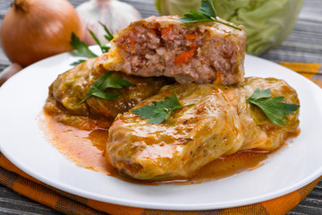 cabbage rolls on a wooden gray rustic background