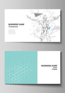 Vector illustration of the editable layout of two creative business cards design templates. Technology, science, medical concept. Molecule structure, connecting lines and dots. Futuristic background
