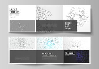 The vector layout of covers design templates for trifold square brochure or flyer. Network connection concept with connecting lines and dots. Technology design, digital geometric background.